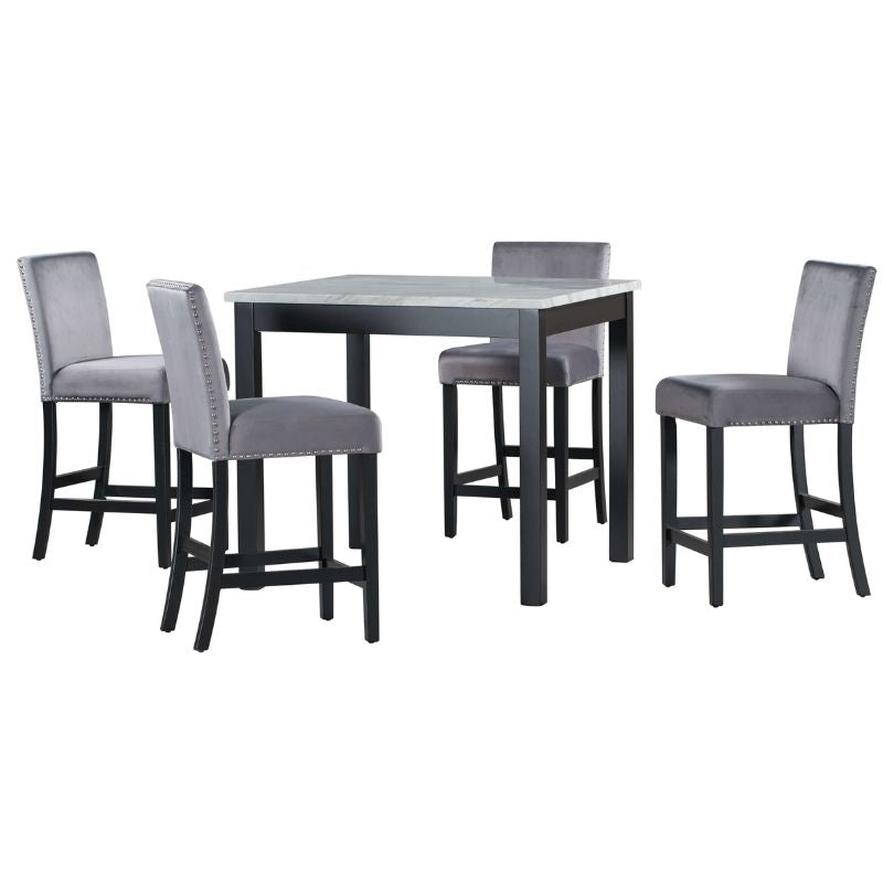 5-Piece Counter Height Dining Table Set - 40" Faux Marble Table and 4 Grey Dining Chairs