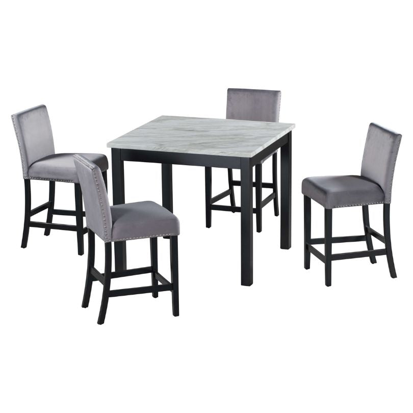 5-Piece Counter Height Dining Table Set - 40" Faux Marble Table and 4 Grey Dining Chairs