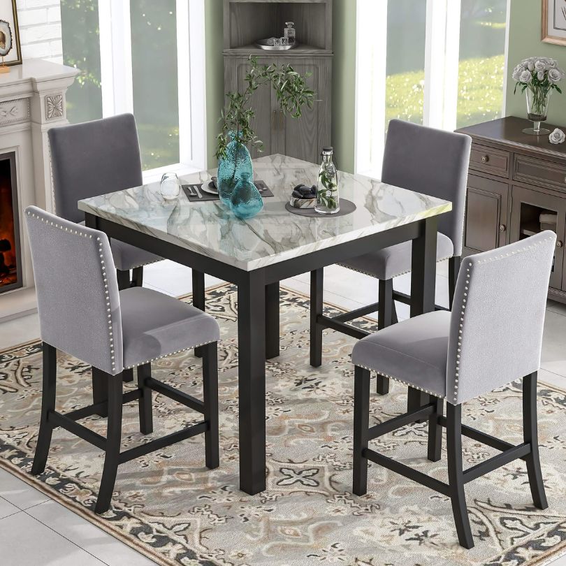 5-Piece Counter Height Dining Table Set - 40" Faux Marble Table and 4 Grey Dining Chairs