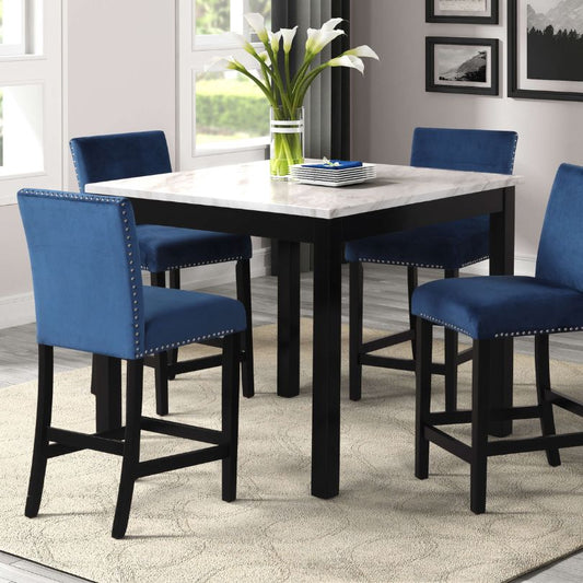 5-Piece Counter Height Dining Table Set with 42" Marble Table and 4 Blue Upholstered Chairs