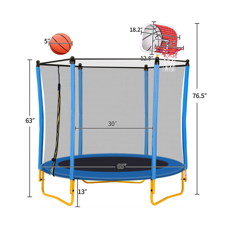 A dimension Image of our 5.5ft Blue Mini Trampoline for Kids with Basketball Hoop and Ball -65"