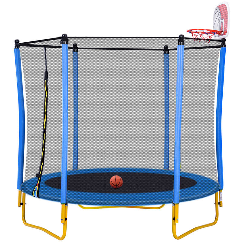 5.5ft Blue Mini Trampoline for Kids with Basketball Hoop and Ball -65"