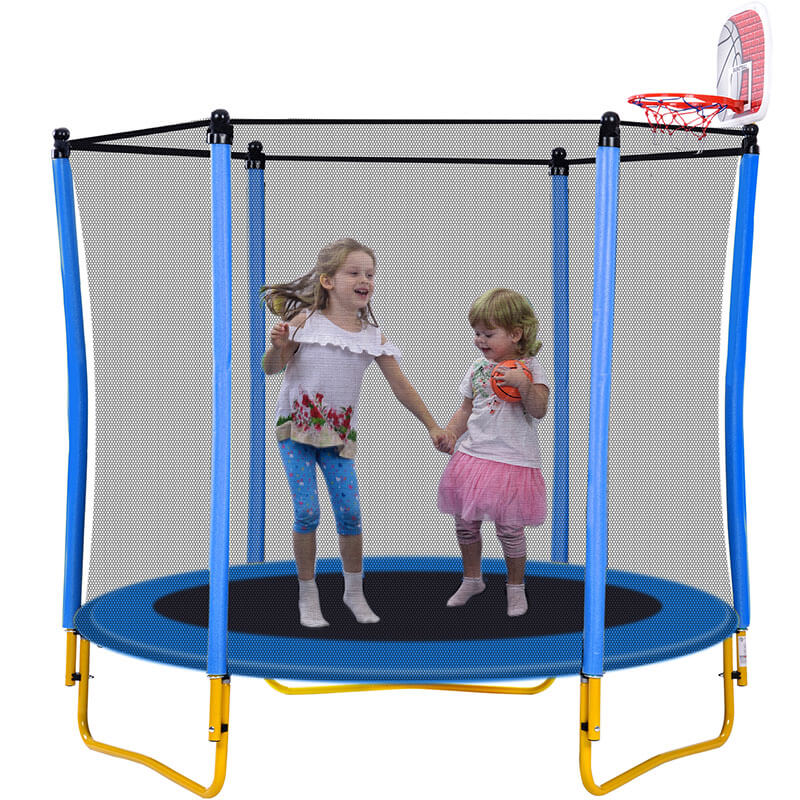 5.5ft Blue Mini Trampoline for Kids with Basketball Hoop and Ball -65"