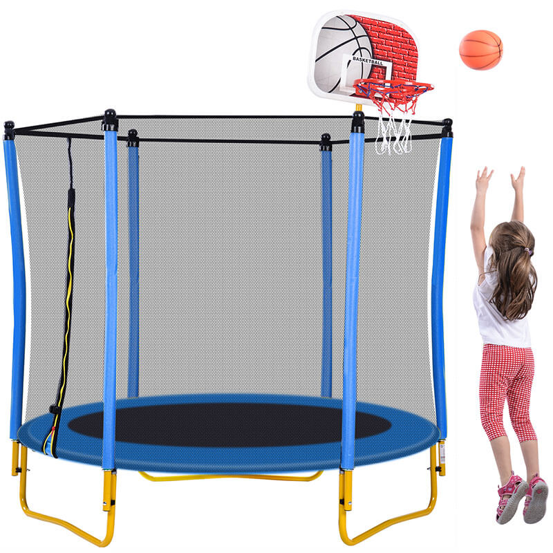 5.5ft Blue Mini Trampoline for Kids with Basketball Hoop and Ball -65"