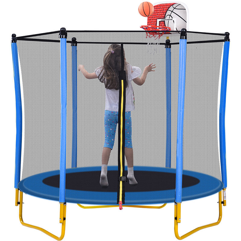 5.5ft Blue Mini Trampoline for Kids with Basketball Hoop and Ball -65"