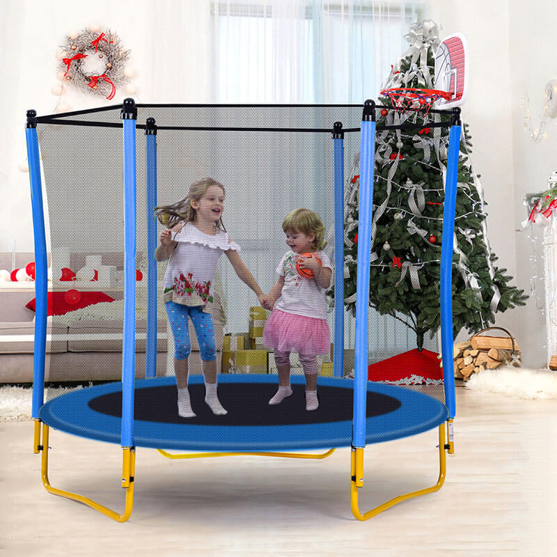 5.5ft Blue Mini Trampoline for Kids with Basketball Hoop and Ball -65"