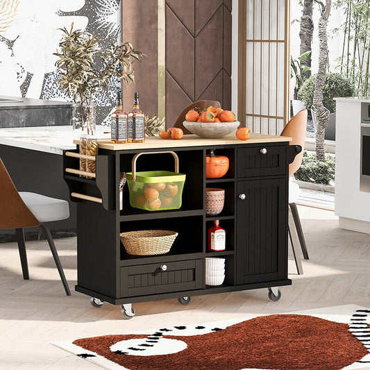 50" Black Storage Cabinet Kitchen Island Cart with drawers and 2-locking Wheels