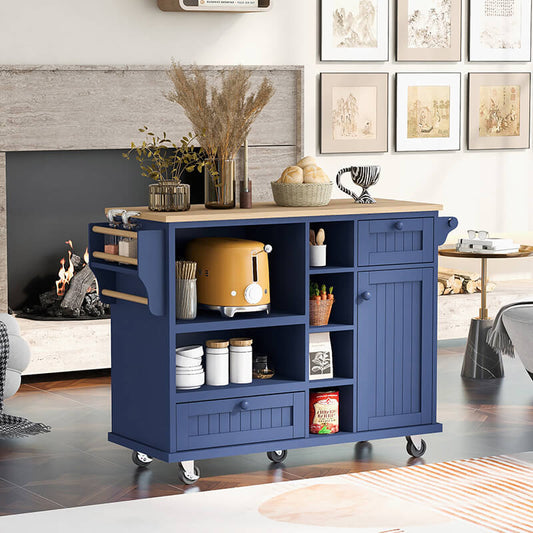 50" Dark Blue Storage Cabinet Kitchen Island and Microwave Cart with Drawers and Wheels