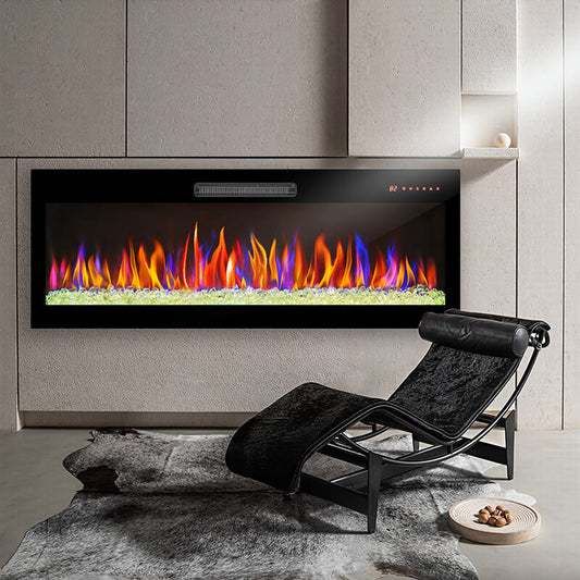 50 Inch Black Recessed Ultra-Thin Tempered Glass Electric Fireplace Heater