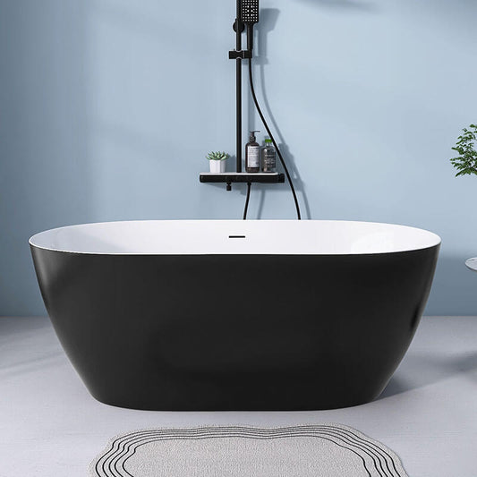 51" Matte Black Acrylic Oval Adjustable Freestanding Soaking Bathtub with Integrated Slotted Overflow and Chrome Pop-up Drain Anti-clogging