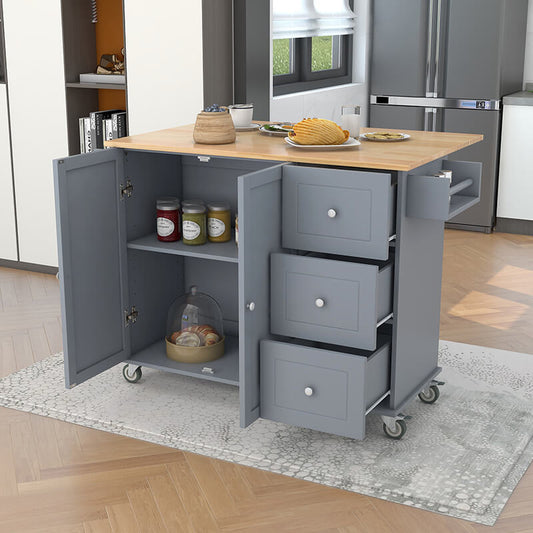 52.7" Blue Rolling Mobile Kitchen Island with Solid Wood Top and Locking Wheels