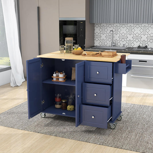 52.7" Dark Blue Rolling Mobile Kitchen Island with Solid Wood Top and Locking Wheels