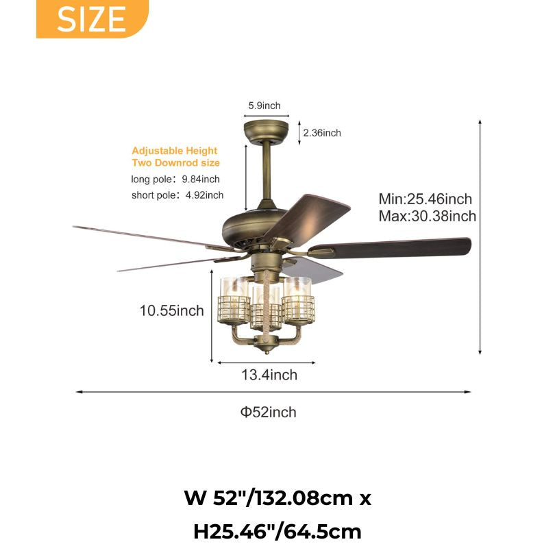 52" Bronze Metal 3 Lights Ceiling Fan with 5 Wood Blades