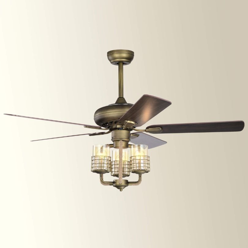 52" Bronze Metal 3 Lights Ceiling Fan with 5 Wood Blades