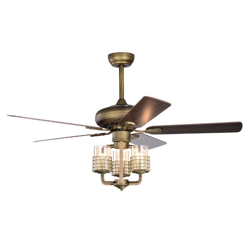 52" Bronze Metal 3 Lights Ceiling Fan with 5 Wood Blades