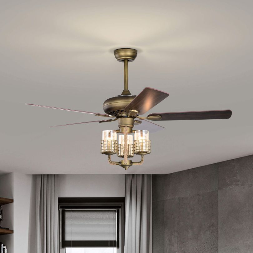 52" Bronze Metal 3 Lights Ceiling Fan with 5 Wood Blades