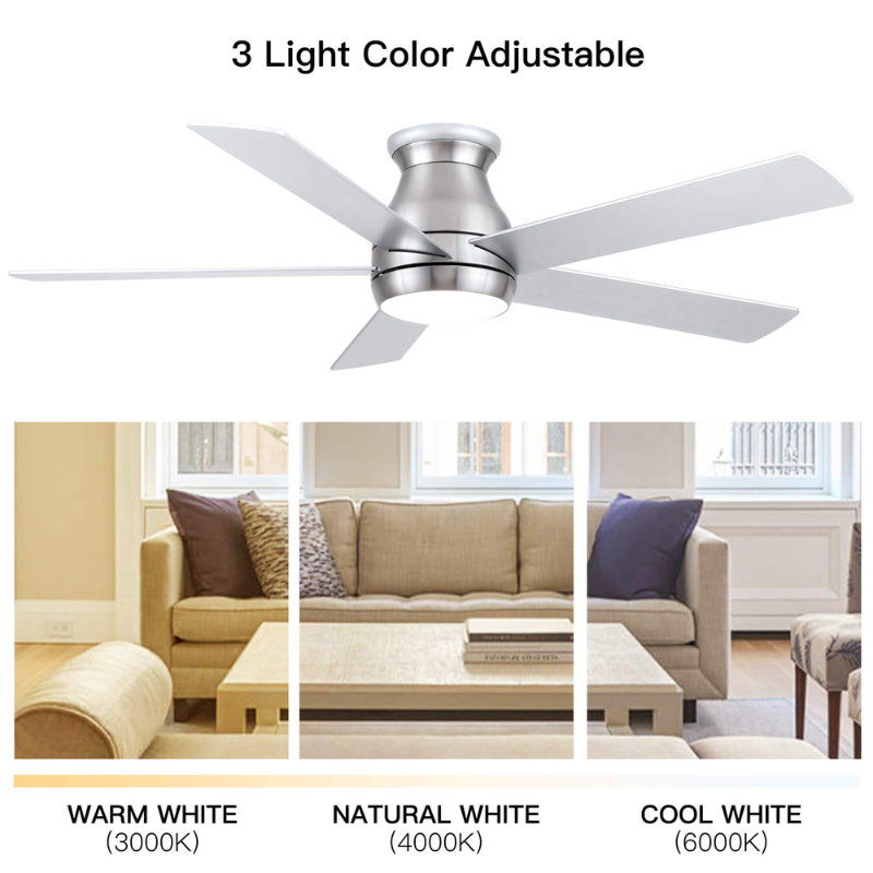 52" Low Profile Ceiling Fan in Brushed Nickel with 5 Silver Blades