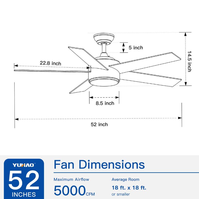 A dimension Image of our 52" Matte White Integrated LED Ceiling fan with 5 wood Blades and Remote Control