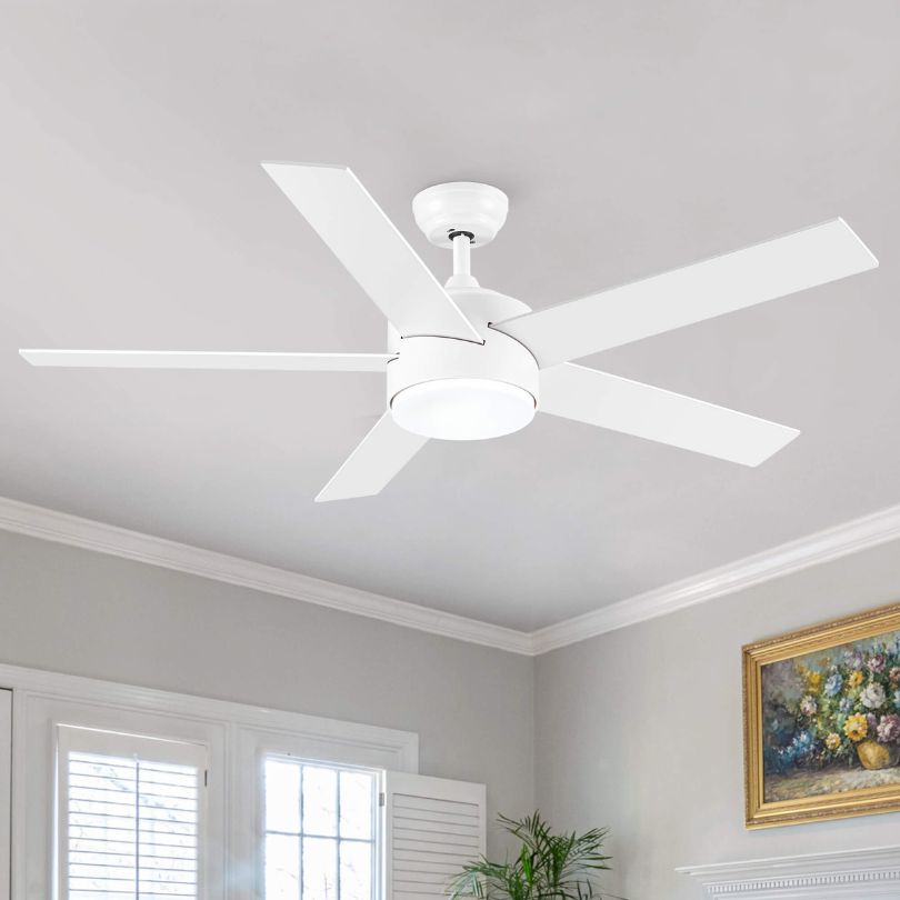 52" Matte White Integrated LED Ceiling fan with 5 wood Blades and Remote Control