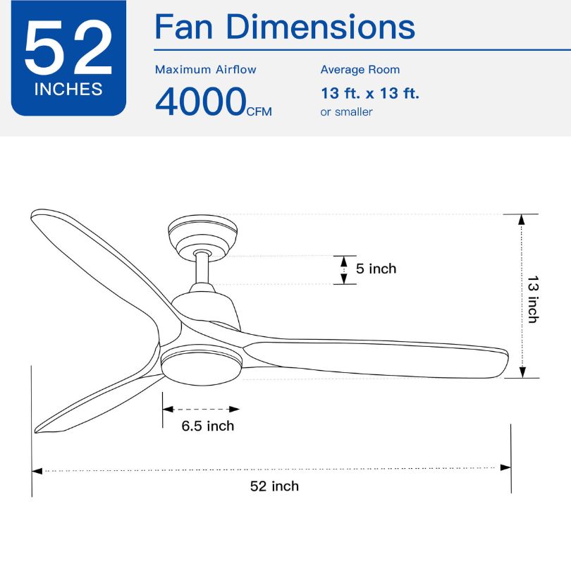 A dimension Image of our 52" Yellow Farmhouse LED 3-wood Blade Ceiling Fan