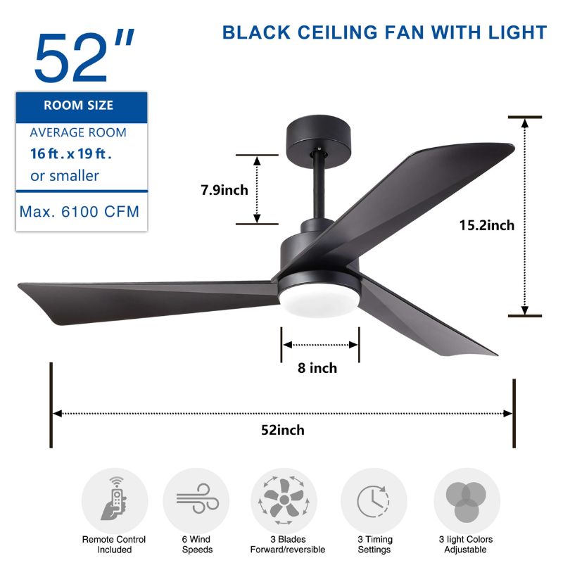 A dimension Image of our 52'' LED 3-Blade Black Standard Ceiling fan