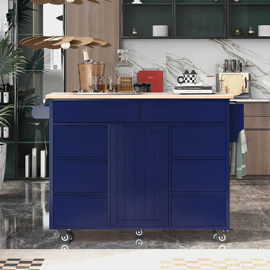 53" Kitchen Cart with 8 Handle-Free Drawers & 5 Wheels - Dark Blue