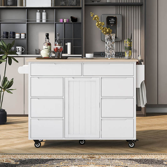 53" Kitchen Cart with 8 Handle-Free Drawers & 5 Wheels - White