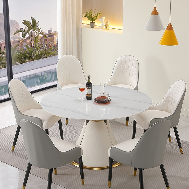 53" Modern Sintered-stone Round Dining Table Set with Steel Base - 6 Chairs & 1 Table