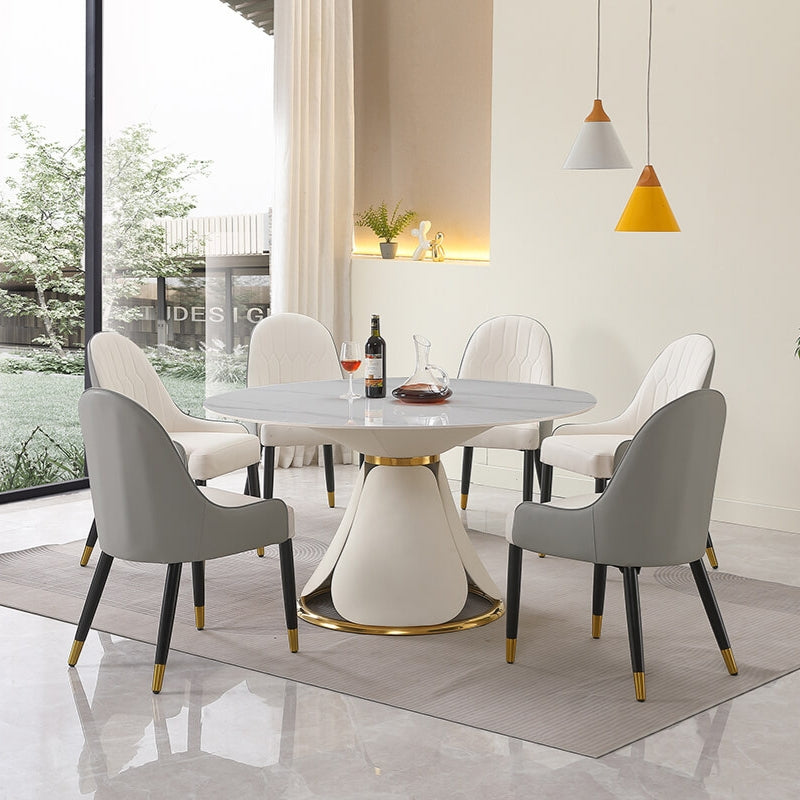 53" Modern Sintered-stone Round Dining Table Set with Steel Base - 6 Chairs & 1 Table