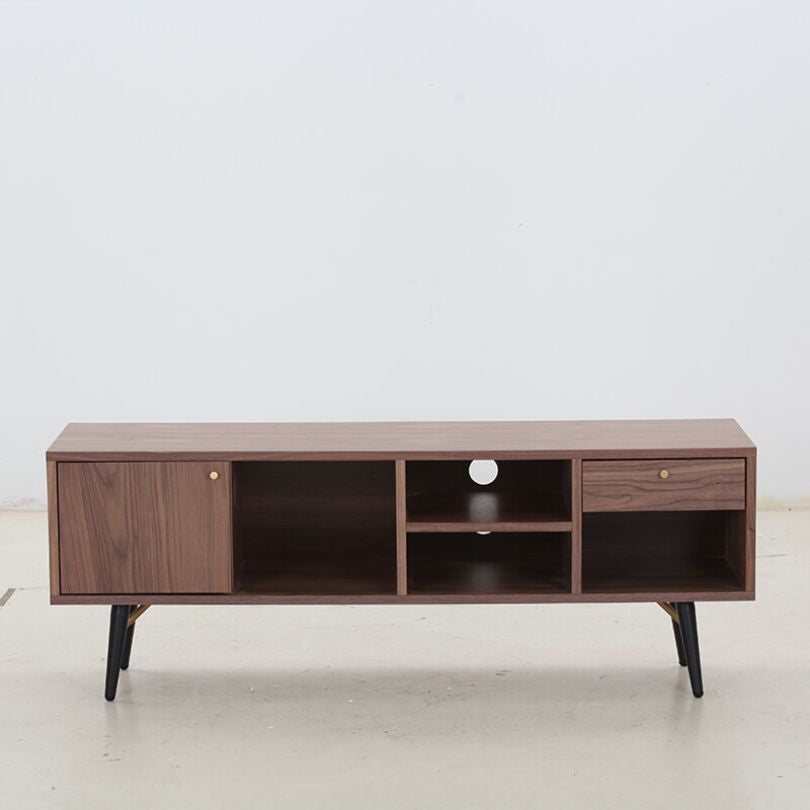 54" Mid-century Walnut Low profile Media Console TV Stand with Storage Cabinet