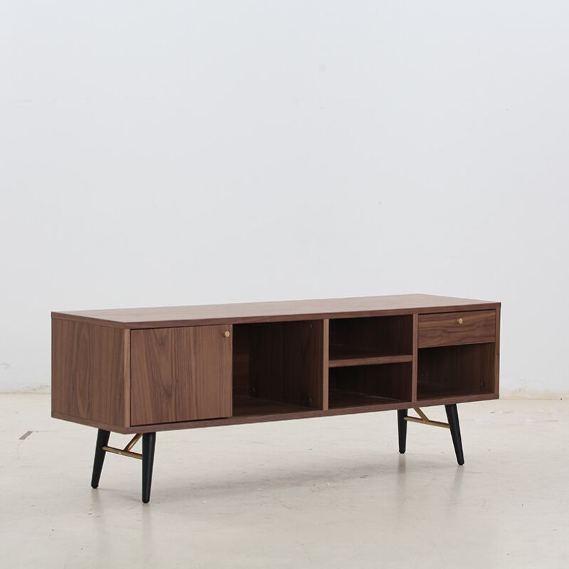 54" Mid-century Walnut Low profile Media Console TV Stand with Storage Cabinet