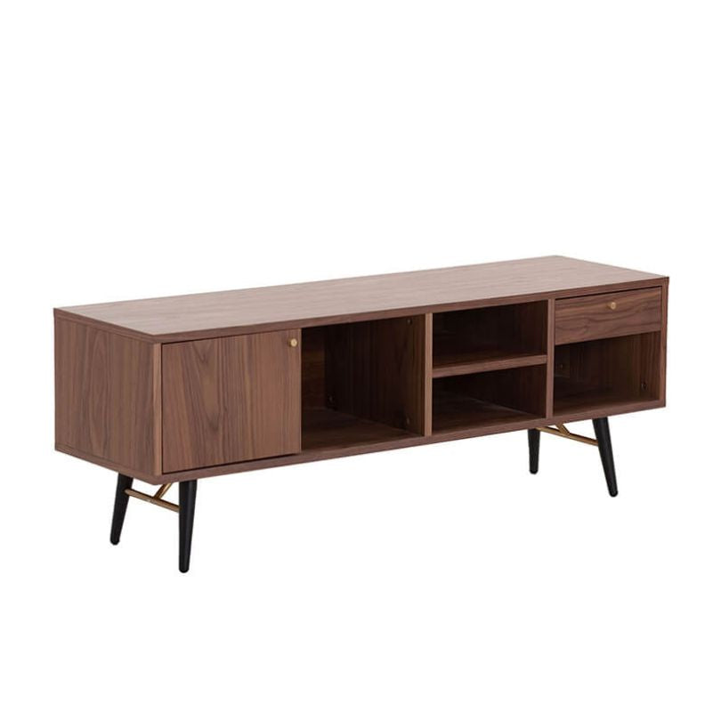 54" Mid-century Walnut Low profile Media Console TV Stand with Storage Cabinet