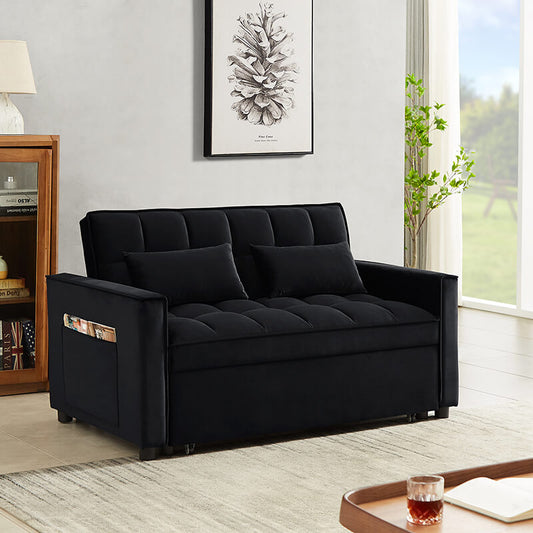 55" Modern Black Velvet Convertible Loveseat Sleeper Sofa