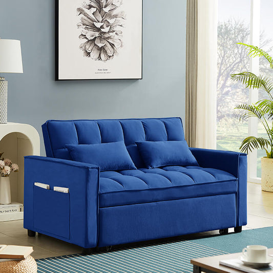 55 Modern Blue Velvet Convertible Loveseat Sleeper Sofa