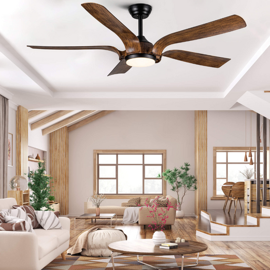 56" Smart Integrated LED Ceiling Fan with 5 Brown Wooden Blades