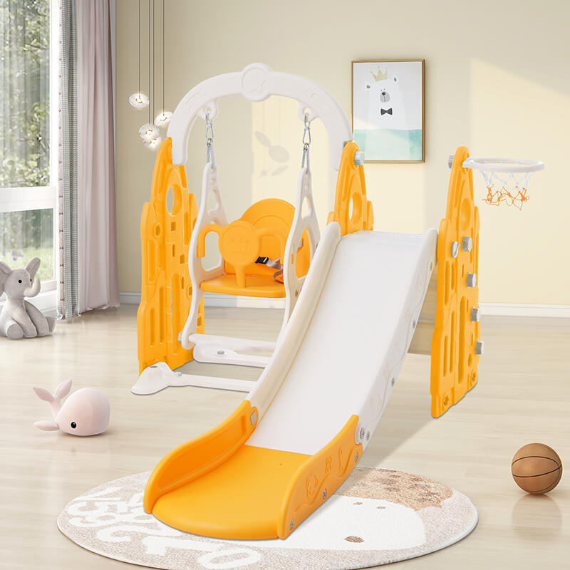 57" Rocket Themed 4-in-1 Toddler Slide and Swing Set, Kids Playground with Basketball Hoop and Safety Belt