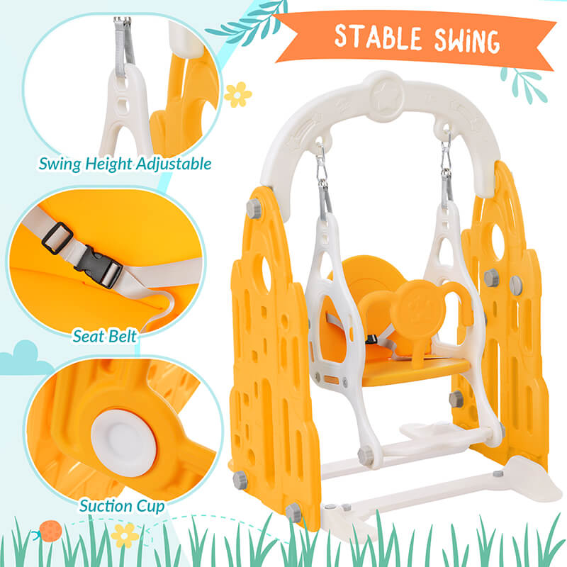 57" Rocket Themed 4-in-1 Toddler Slide and Swing Set, Kids Playground with Basketball Hoop and Safety Belt