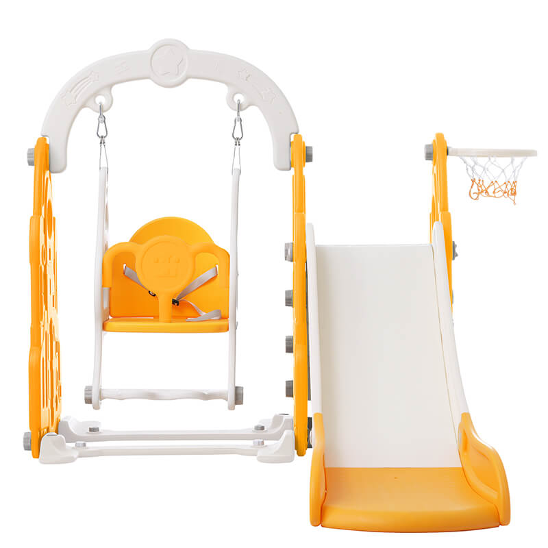 57" Rocket Themed 4-in-1 Toddler Slide and Swing Set, Kids Playground with Basketball Hoop and Safety Belt