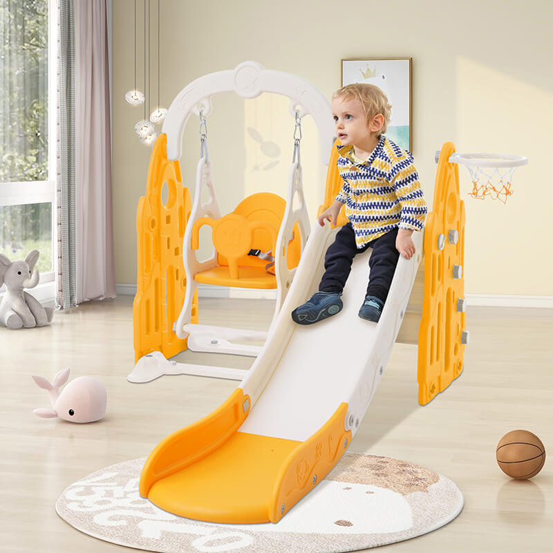 57" Rocket Themed 4-in-1 Toddler Slide and Swing Set, Kids Playground with Basketball Hoop and Safety Belt