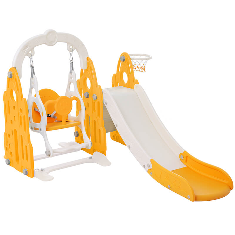 57" Rocket Themed 4-in-1 Toddler Slide and Swing Set, Kids Playground with Basketball Hoop and Safety Belt