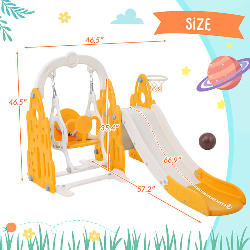 57" Rocket Themed 4-in-1 Toddler Slide and Swing Set, Kids Playground with Basketball Hoop and Safety Belt