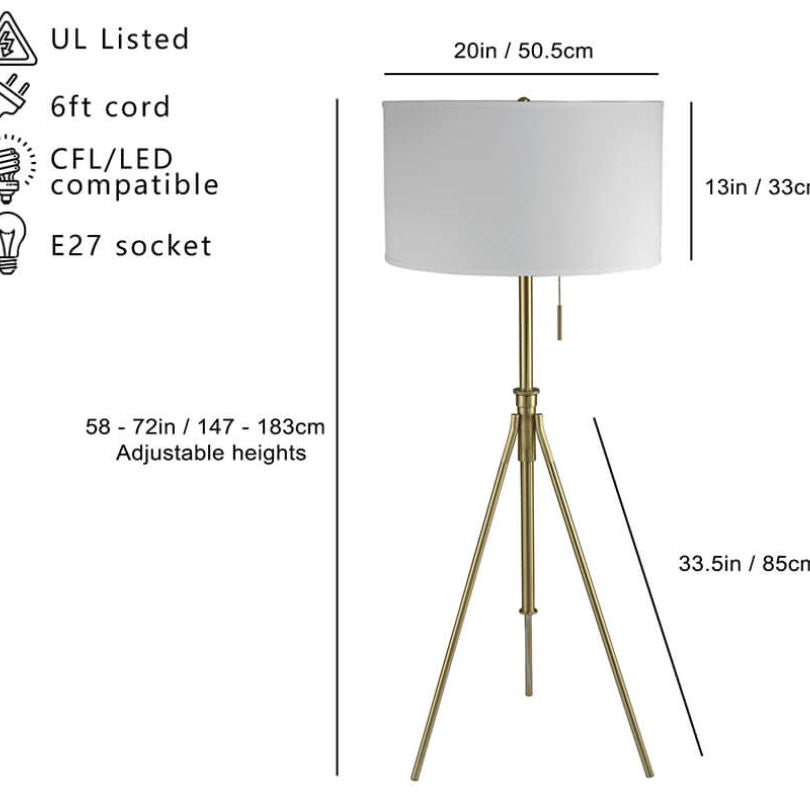 A dimension Image of the 58"- 72"H Modern Gold Adjustable Tripod Floor with KD Shade