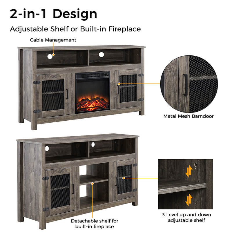 2 in 1 design adjustable shelf and built in fireplace 