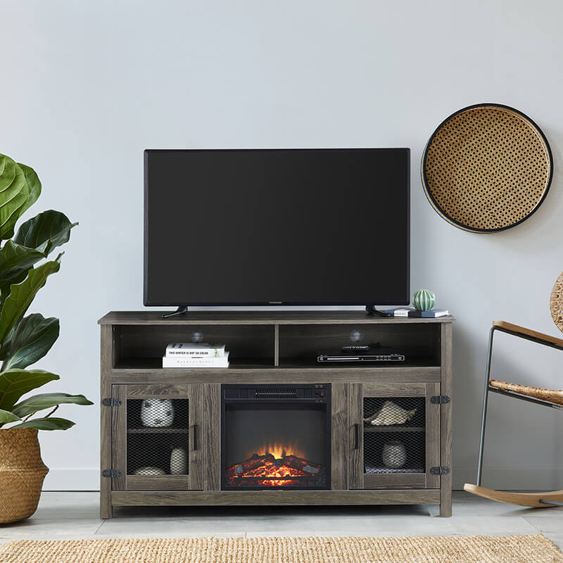 58" Farmhouse Grey Electric Fireplace TV Media Console Stand with Storage Cabinet and Adjustable Shelves