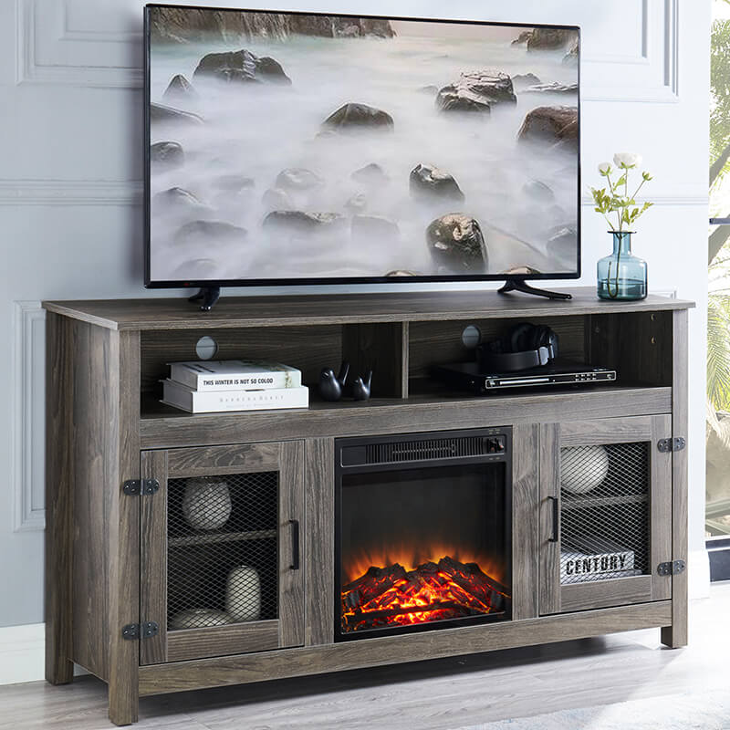 58" Farmhouse Grey Electric Fireplace TV Media Console Stand with Storage Cabinet and Adjustable Shelves