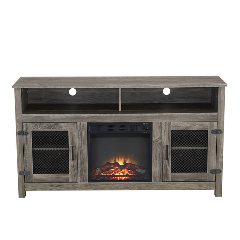 58" Farmhouse Grey Electric Fireplace TV Media Console Stand with Storage Cabinet and Adjustable Shelves