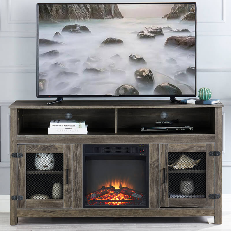 58" Farmhouse Grey Electric Fireplace TV Media Console Stand with Storage Cabinet and Adjustable Shelves