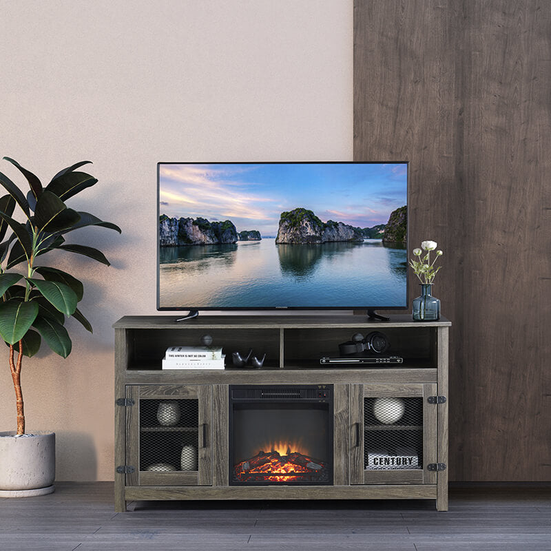 58" Farmhouse Grey Electric Fireplace TV Media Console Stand with Storage Cabinet and Adjustable Shelves