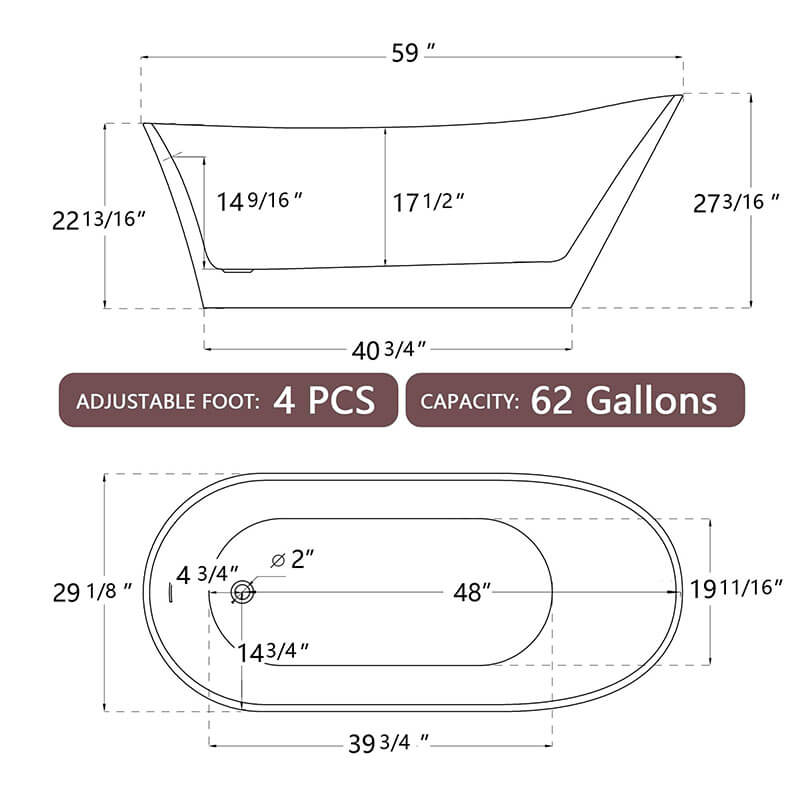 A dimension Image of the 59" Freestanding Black Oval Acrylic Soaking Bathtub with Integrated Slotted Overflow and Chrome Pop-up Drain Anti-clogging