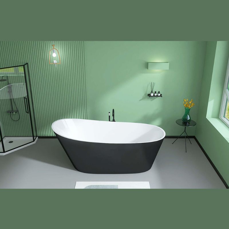 59" Freestanding Black Oval Acrylic Soaking Bathtub with Integrated Slotted Overflow and Chrome Pop-up Drain Anti-clogging